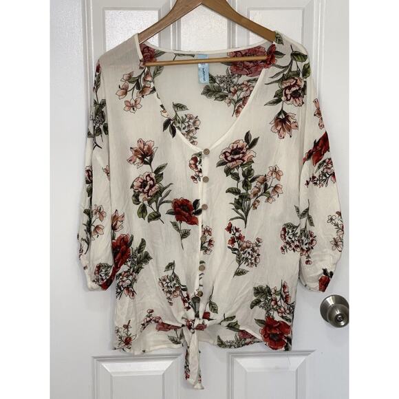 M Fasis Tops - M Fasis Women’s Ivory Floral Button Tie Front‎ Short Sleeve Boho Peasant Top XL
